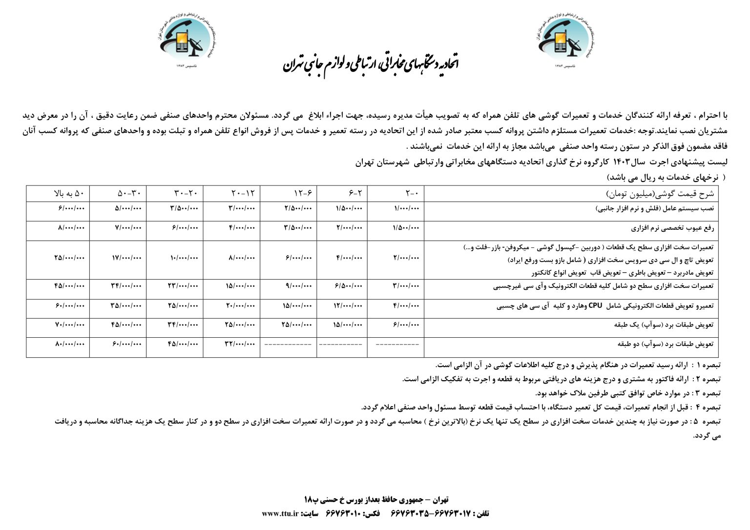 نرخ‌نامه مصوب اتحادیه دستگاه‌های مخابراتی، ارتباطی و لوازم جانبی تهران — لیست اجرت تعمیرات تلفن همراه سال ۱۴۰۳